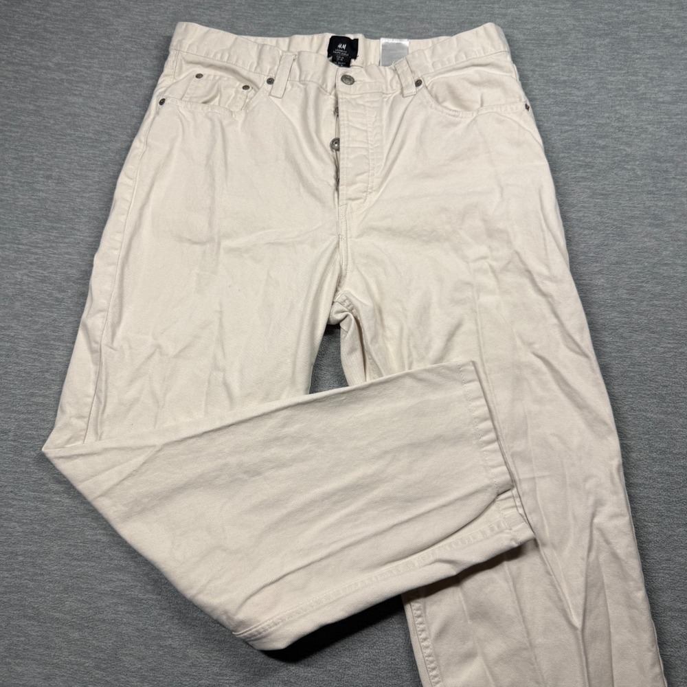 H&M Jeans Mens 36 Off White Loose Fit Straight Leg Button Fly Denim Solid Casual